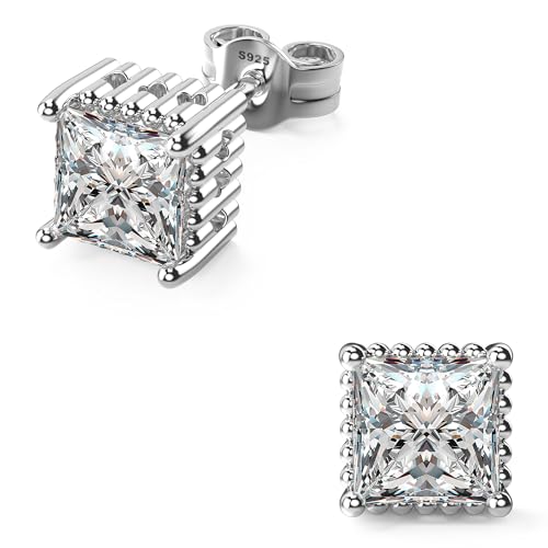 Princess Cut Square Cubic Zirconia Stud Earrings for Men Women 18K White Gold Plated Sterling Silver 4 Prong CZ Simulated Diamond Stud Earrings