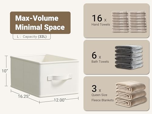 Image of LayerSpace 3 Pack Fabric Storage Bins for Shelves | 16.25x12x10in Closet | Collapsible Bins for Organization | Linen Clothes Storage Bins | White & Ivory