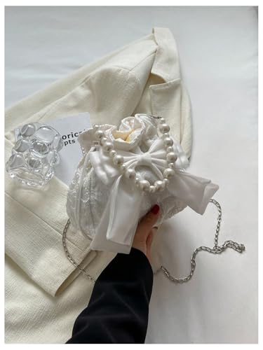 GORGLITTER Women’s Pearls Bow Chain Bucket Bags Textured Coquette Evening Shoulder Handbags3