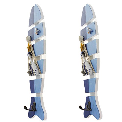 OLizee® Beach Themed Wall Hooks Towel Hat Coat Hangers Rustic Wall Decorations (Set of 2 Blue Fish) - Image 2