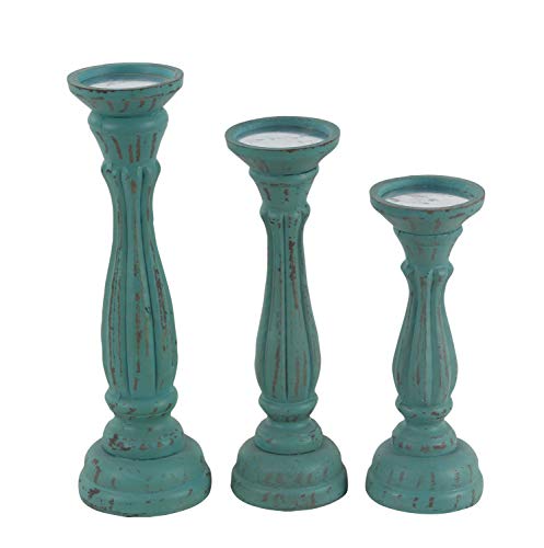 Deco 79 Wood Distressed Candle Holder, Set Of 3 15", 13", 11"H, Blue #TOP3