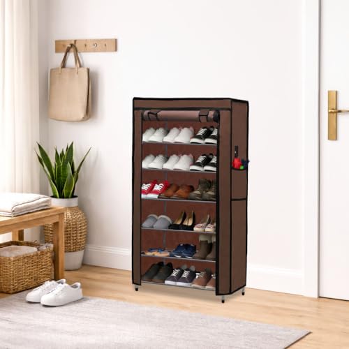 Image of Metal Shoe Stand with Cover, 6 Tier Shoe Organizer for Home & Office - Brown