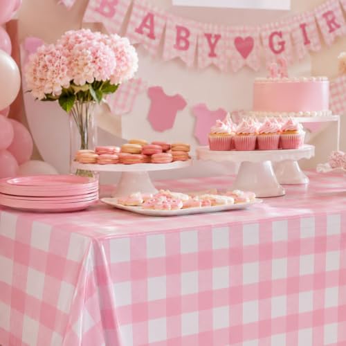 Image of Blue Orchards Pink Gingham Table Cover (Pack of 3 with 20 Glue dots) - 54 inchx108 inch XL - Pink and White Checkered Plaid Picnic Tablecloth, Baby & Bridal Shower Decoration, Outdoor Birthday Party Supplies