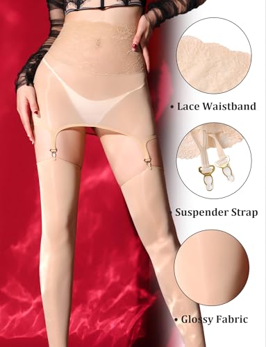 Image of FEOYA Women's Oil Shiny Lace Top Garter Pantyhose with Shimmer Thigh High Stockings Suspender Tights Hosiery (No Thong)