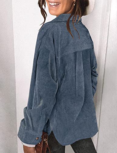 Saslax Womens Corduroy Shirt Long Sleeve Oversized Button Up V Neck Blouses Tops Loose Shacket Jacket With Pockets Blue X-Large #TOP4