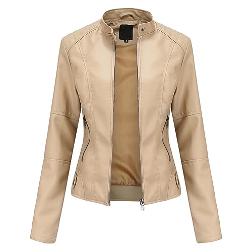 YYNUDA Femme Veste en Cuir PU Bombers Aviateur Moto Blouson Femme Simili Cuir Biker Zippé Chaud Casual Beige M
