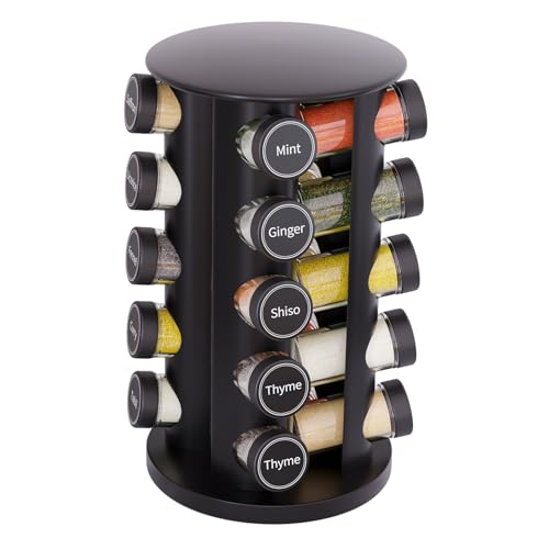 Image of New England Stories Revolving Spice Rack Set with 20 Spice Jars, Kitchen Spice Tower Organizer for Countertop or Cabinet - Carousel Storage Includes 386 Spice Labels (Black)