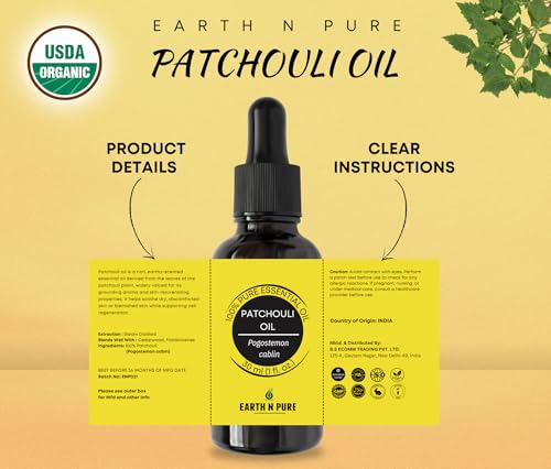 Image of Earth N Pure Patchouli Essential Oil Natural & Therapeutic Grade for Aromatherapy, Skin & Hair Care 100 ml