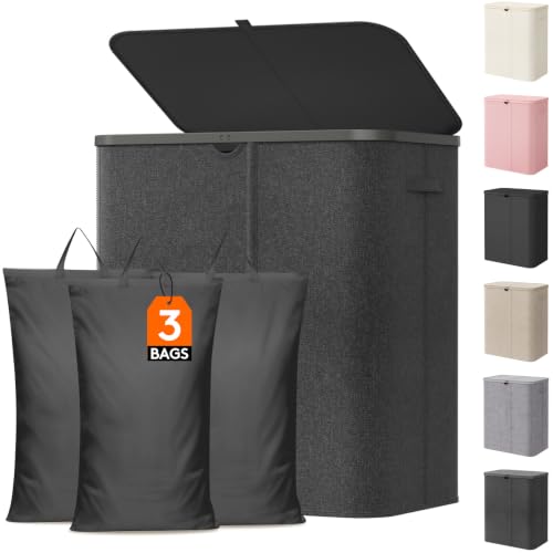 Image of Lifewit 165L 3 Section Laundry Hamper with Lid, Large Laundry Basket with Handles and Removable Bags, Tall Clothes Hamper, Foldable Laundry Sorter for Bedroom Bathroom, Dark Gray