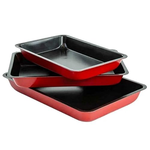 Image of 3 Pcs Non Stick Baking & Roasting Tray Set Heavy Duty Trays Oven Dish Bake Pan Bakeware Easy Clean Black/Red