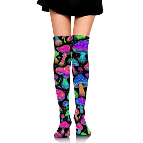Meaudiwes Women's Knee High Socks Outdoor Sport Stockings, Fashion Long Leg Socks Compatible with Rainbow Colorful Neon Mushrooms
