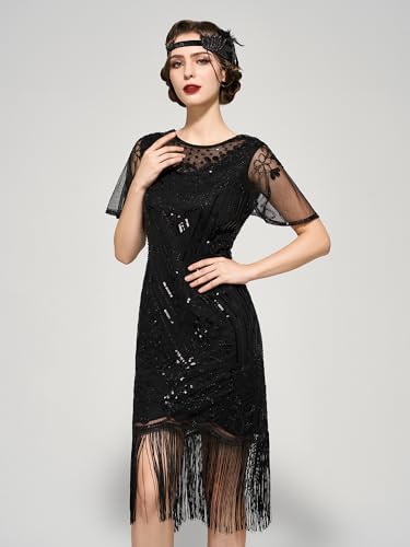 SWEETV Vestido feminino melindrosa anos 20, gola de renda, ótimo vestido com franjas Gatsby com mang