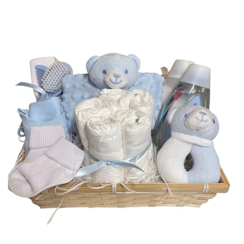 Baby Boy Hamper Gift – 17 Baby Essentials with Johnson’s Bath Products in Keepsake Rattan Basket Blue – Perfect Baby Boy Gifts Newborn Hamper & Thoughtful Gift Set for Baby Showers and New Parents
