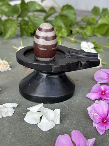 Image of Shivam VASTU AKAL 1.5 inch Original Narmadeshwar Narmada Shivling with 3 inch Narmada Stone Yoni Base Jaladhari (Janeudhari Shivling, Black Designer Damru Jaladhari)