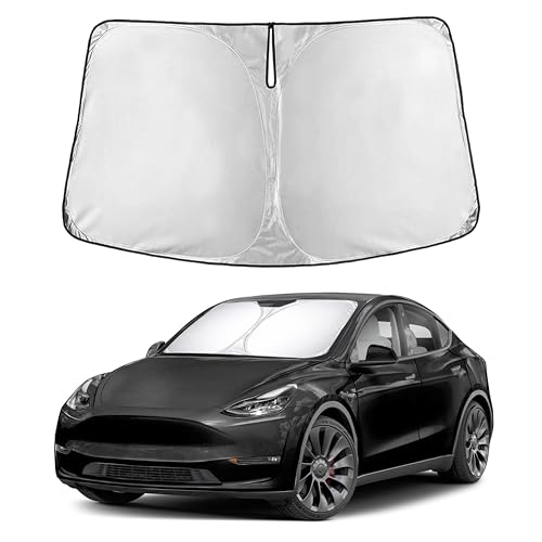 Image of EcoNour Windshield Sun Shade Compatible for Tesla Model Y /Model 3 2017-2026 | SUV /Sedan Front Window Sunshade | Foldable Sun Visor Protector | Blocks UV Rays & Reduces Heat