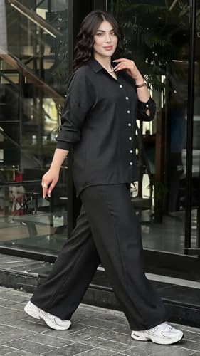 Image of Women's Solid Color Two-Piece Set | Long Sleeve Top & Wide Leg Pants Co-ord Set | Casual Wear Co ord Set