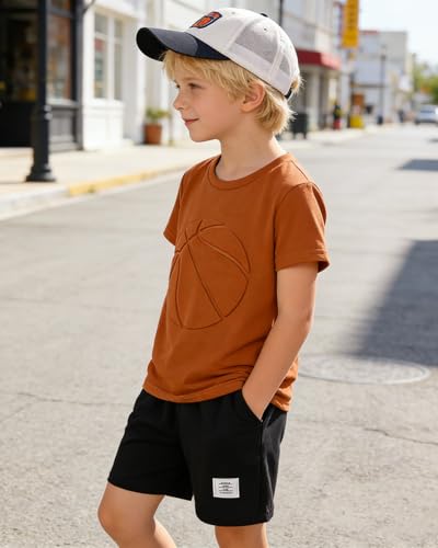 Image of Boys 2 Piece Outfits Short Sleeve Basketball Pattern T-Shirt and Shorts Summer Clothes for Kids 5-12 Years