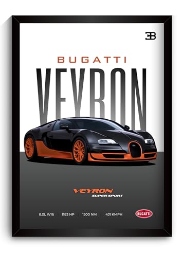Image of Bugatti Veyron Poster | Framed Bugatti A4 Sized (31 x 23 cm) | Veyron Car Poster for Wall, Gift for Boys, Hypercar Frames | Dream Car Posters for Wall, Bedroom, Hostel, Study Area, Hostel (F 072)