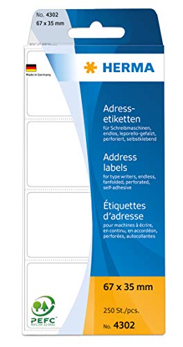 HERMA Adressetikett, Schreibmaschine, leporello, selbstklebend, 67 x 35 mm, weiß (250 Stück), Sie erhalten 1 Packung á 250 Stück