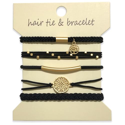 Hair Tie Bracelets for Women, Set of 5 Stylish Dual-Use Bracelet Hair Ties Boho Ponytail Holders No Damage for Thick & Thin Hair, Black