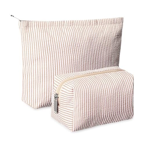 Huhumy 2 Pcs Makeup Bag Set Cute Cosmetic Pouch for Women Seersucker Travel Toiletry Bag Preppy Small Makeup Purse Pouch Aesthetic Skincare Brushes Storage Organizer for Valentine Women(Khaki)