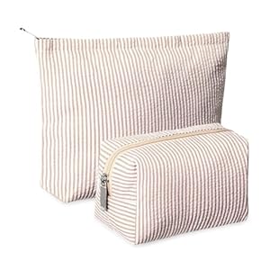 2 Pcs Makeup Bag Set Cute Cosmetic Pouch for Women Seersucker Travel Toiletry Bag Preppy Small Makeup Purse Pouch Aesthetic Skincare Brushes Storage Organizer for Valentine Women(Khaki)