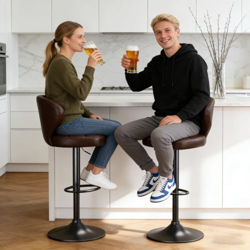 Image of Modern Bar Stools Set of 6, Adjustable Swivel Upholstered Full-Back Counter Height Bar Chairs for Kitchen Island, Dining Room, Bar (Brown)