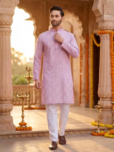 Image of Studio Shringaar Men's Cotton Blend Relaxed Fit Ikat Printed Knee Length Kurta