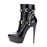  Onlymaker Damen Pumps Stiletto Kurzschaft Stiefel High Heels Boots Schuhe mit Plateau Nieten Schwarz EU40