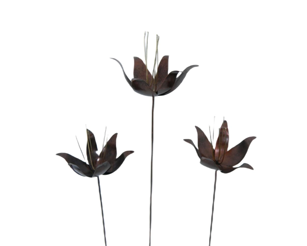 Thai Gifts Antique Bronze Set Of 3 Handcrafted Metal Lily Flowers - Bronze, 100Cm Tall Unique Garden Stakes For Pots & Borders - Durable, Handcrafted Outdoor Decorations - Fairly Traded Garden Art