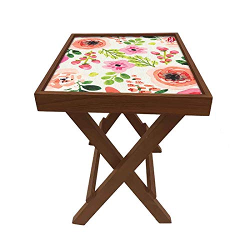 Image of Nutcase Designer Teak Wood Side Table Folding Wooden Bedside Coffee Outdoor Picnic Table - Cute Pink Floral