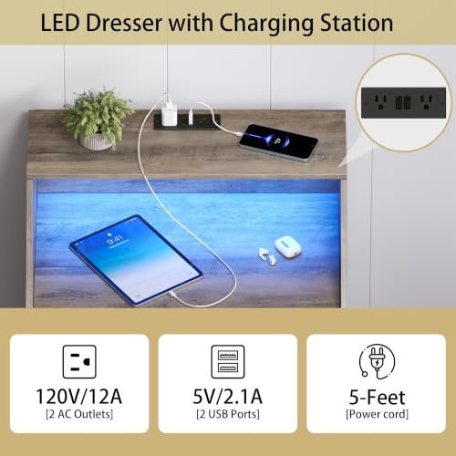 Image of Wodeer Grey Dresser 3 Drawer Nightstand, Wood Night Stand with LED Lights, Charging Station, Metal Handles, Modern Storage Cabinet and Organizer Drawers for Living Room, Hallway