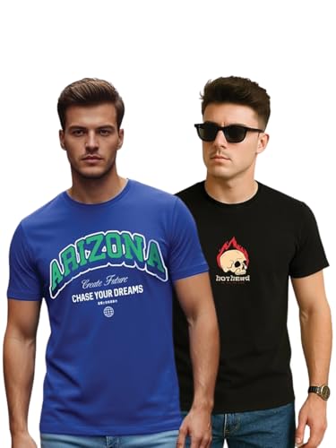 Image of Veirdo Men's Trendy Graphic Regular Fit T-Shirt Combo Pack of 2 | Casual Pure Cotton Round Neck Tees | Stylish Fashion Tops for Everyday Wear | Sizes: S to XXL