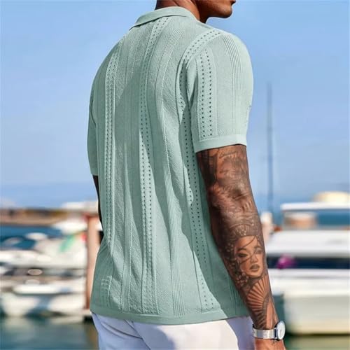 Men’S Slim Fit Hollow Out Textured Knitted Polo Cardigan Short Sleeve Retro Button-Down Top Tee3