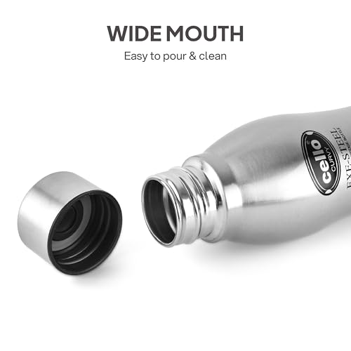 Image of CELLO New Curvy Stainless Steel Water Bottle for Daily Use 1000ml Silver | Single Wall Freezer & Fridge Safe, Rustproof & Leak Proof Lightweight Easy to Carry Water Bottle for Office Travel and Gym