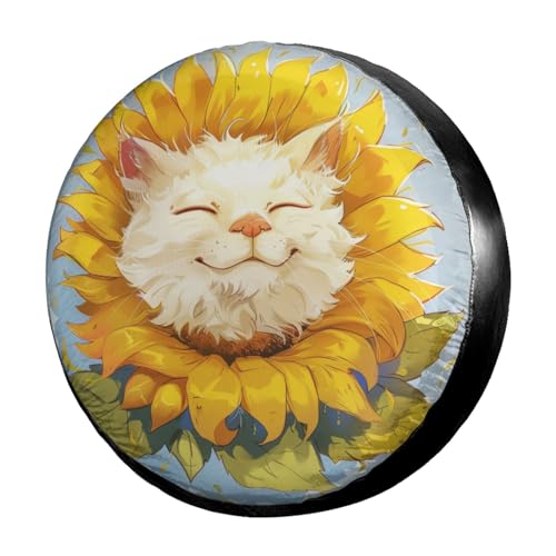 Image of Dujiea White Smiling Cat Like Sunflower Spare Tire Cover, Universal Wheel Tire Cover Waterproof Dust-Proof Tire Protectors for Trailer Rv SUV Truck Camper and Many Vehicle 14 15 16 17 Inch