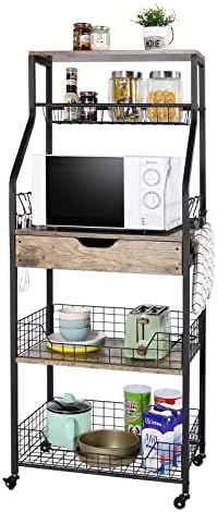 ThreeHio 5-Tier Kitchen Baker's Rack with Drawer, Free Standing Microwave Cart with Storage with Rolling Wheels, Kitchen Utility Storage Shelf with Wire Baskets, 8 Hooks and Metal Frame