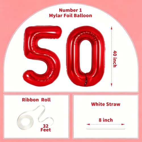 Image of Number Balloons Red Party Balloon - 40 Inch Large Number 50 Balloon, Numbers Balloon Birthday Decorations, Red Party Supplies for Anniversary