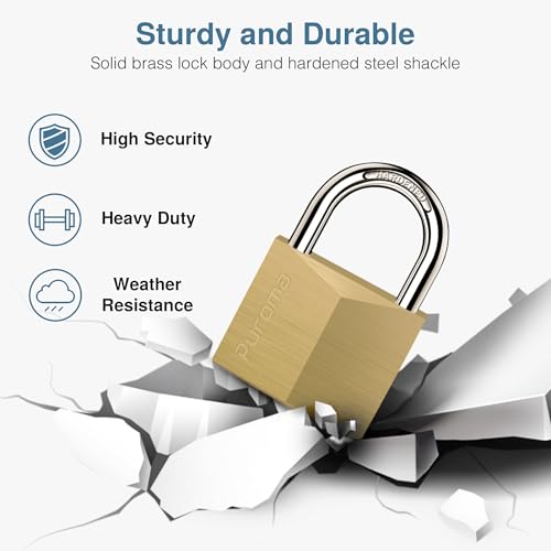Image of Puroma 1 Pack Keyed Padlock Waterproof Solid Brass Lock, 1.1 Inch Padlock with Keys for Sheds, Storage Unit School Gym Locker, Fence, Toolbox, Hasp Storage