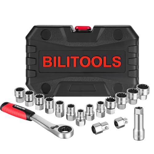 BILITOOLS 17PCS 3/8' & 1/2 Pass Through Socket Set, 2-In-1 Conversion For Standard Ratchet/Pass-Through Ratchet, Pass Thru Go Through Mechanics Tools Set For Hex, Square, E-Torx, Spline