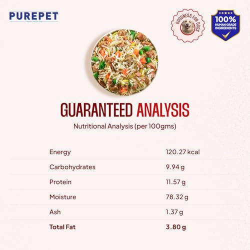 Image of Purepet Fresh Dog Food Mutton Biryani, for Adult & Puppy, 100gm | High Protein, 65% Real Meat, 35% Veggies & Rice | No Preservatives | Ready to Serve | All Breeds | One Pack One Meal (Pack of 12)