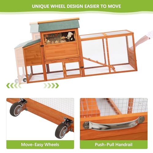 Image of COZIWOW 82 inch Large Wooden Chicken Coop, Outdoor Rabbit Hutch with Wheels, Sunshine Board, Asphalt Roof, Ramp, Openable Top, Door, Window, Pull-Out Tray, Indoor Bunny Cage (Orange with Pattern)