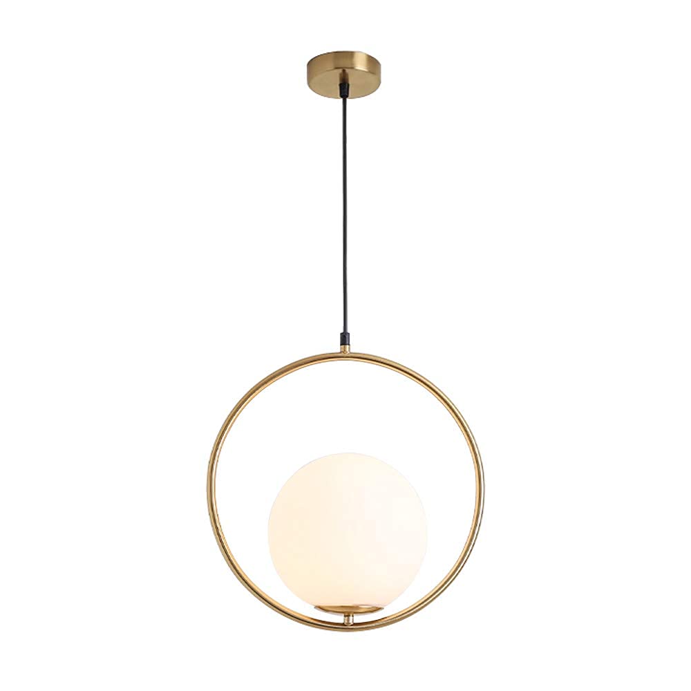 KCO Mid Century Modern Large Globe Pendant Light Fixture 1-Light Brushed Brass Gold Ceiling Hanging Pendant Lighting Minimalist White Glass Round Pendant Light (13.8”-Large)