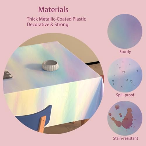 Image of 4 Pack Iridescent Plastic Tablecloths Disposable Tablet Cover 54 x 108 In | Foil Glitter Table Cloth for Rectangle Tables Indoor / Outdoor Party Decorations Birthday Princess Bridal Wedding Christmas