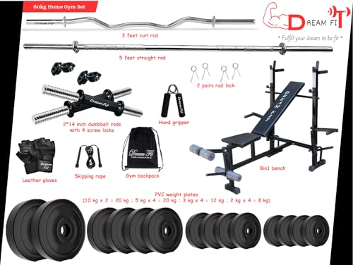Image of DREAM FIT PVC Home Gym Set - 60 Kg with 8in1 Gym Bench, 3 ft Curling Rod, 5 ft Straight Rod, 1 Pair Dumbbell rods and Gym Accessories (60kg)