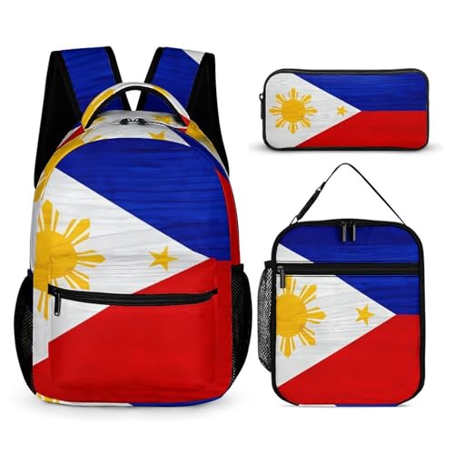 Philippines Flag Wood Patterning 3 PCS Backpack Set Casual Daypack with Insulated Lunch Bag & Pencil Case