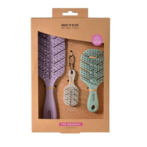 Beter - Kit 3 Cepillos de Pelo Desenredantes Natural Fiber (The Original + Mini + Charm), Antitirones, Antienredos y Antirotura, Para todo tipo de cabello, Pack regalo