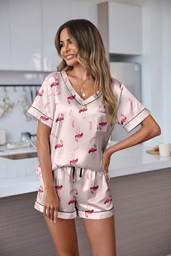 Image of Ekouaer Silk Pajama for Women Short Sleeve Satin Pj Set Two Piece Soft Sleepwear Loungewear S-XXL