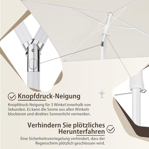Sekey 180 × 125 cm Sonnenschirm mit Schutzhülle, Balkonschirm Gartenschirm Terrassenschirm, Sonnenschutz UPF50+, Kippbar, Höhenverstellbar, Rechteckig- Graubeige 2