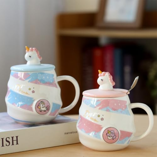 Image of Spooky Unicorn Ceramic Mug with Lid and Spoon - 400ml Cartoon Coffee Cup for Kids, Girls & Women - Gift for Birthday, Office, Christmas, Valentine's Day - Ins-Style Animal Tea Mug (Blue)